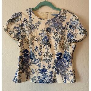 Antonio Melani Taylored Tulip Sleeve Cream and Blue Floral Blouse Size 12